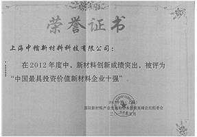 榮譽(yù)證書-2012中國最有投資價(jià)值新材料企業(yè)十強(qiáng)